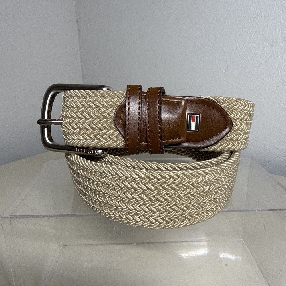 Tommy Hilfiger Mens Brown Beige Woven Stretch Belt Leather Trim Sz Large 40 - 42